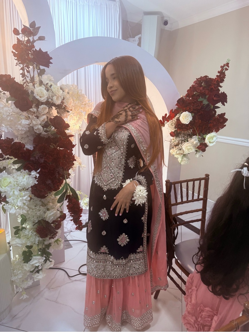 Black & Pink Embellished Long Sleeve Formal Dress